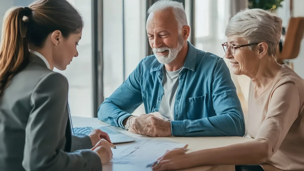 A licensed medicare agent explaining annual enrollment period to a senior.